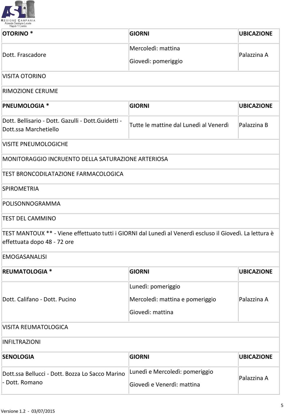 - Viene effettuato tutti i GIORNI dal Lunedì al Venerdì escluso il Giovedì. La lettura è effettuata dopo 48-72 ore EMOGASANALISI REUMATOLOGIA * GIORNI UBICAZIONE Lunedì: Dott. Califano - Dott.