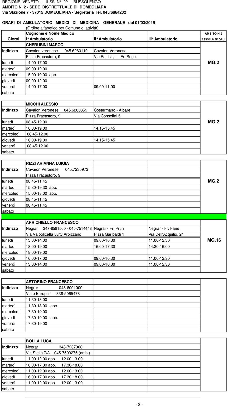 00-19.00 14.15-15.45 venerdì 08.45-12.00 RIZZI ARIANNA LUIGIA Indirizzo Cavaion Veronese 045.7235973 P.zza Fracastoro, 9 lunedì 08.45-11.45 MG.2 martedì 15.30-19.30 app. 15.00-18.00 app. giovedì 08.