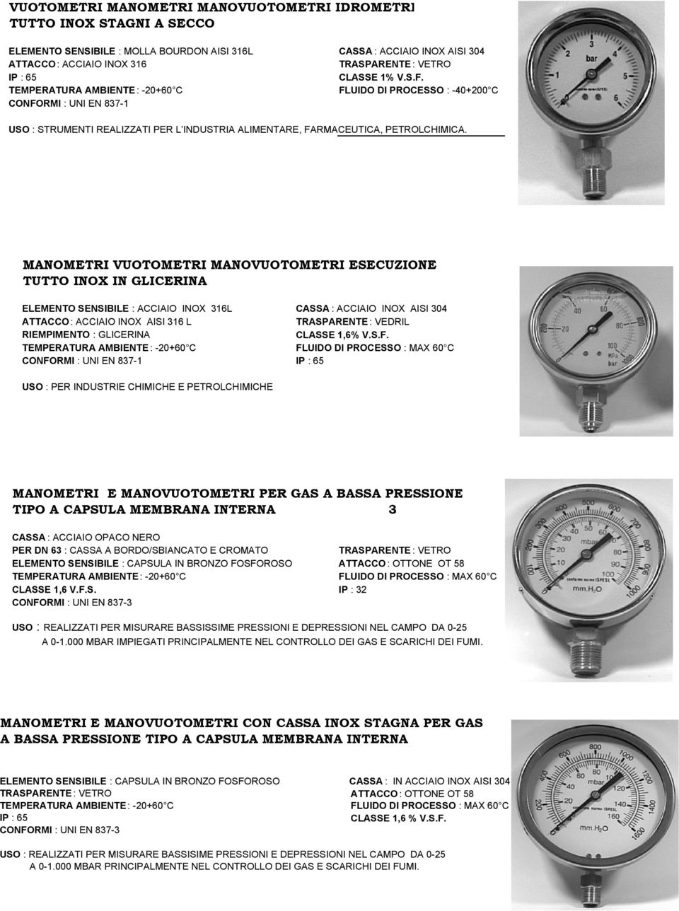 MANOMETRI VUOTOMETRI MANOVUOTOMETRI ESECUZIONE TUTTO INOX IN GLICERINA ELEMENTO SENSIBILE : ACCIAIO INOX 316L CASSA : ACCIAIO INOX AISI 304 ATTACCO : ACCIAIO INOX AISI 316 L RIEMPIMENTO : GLICERINA