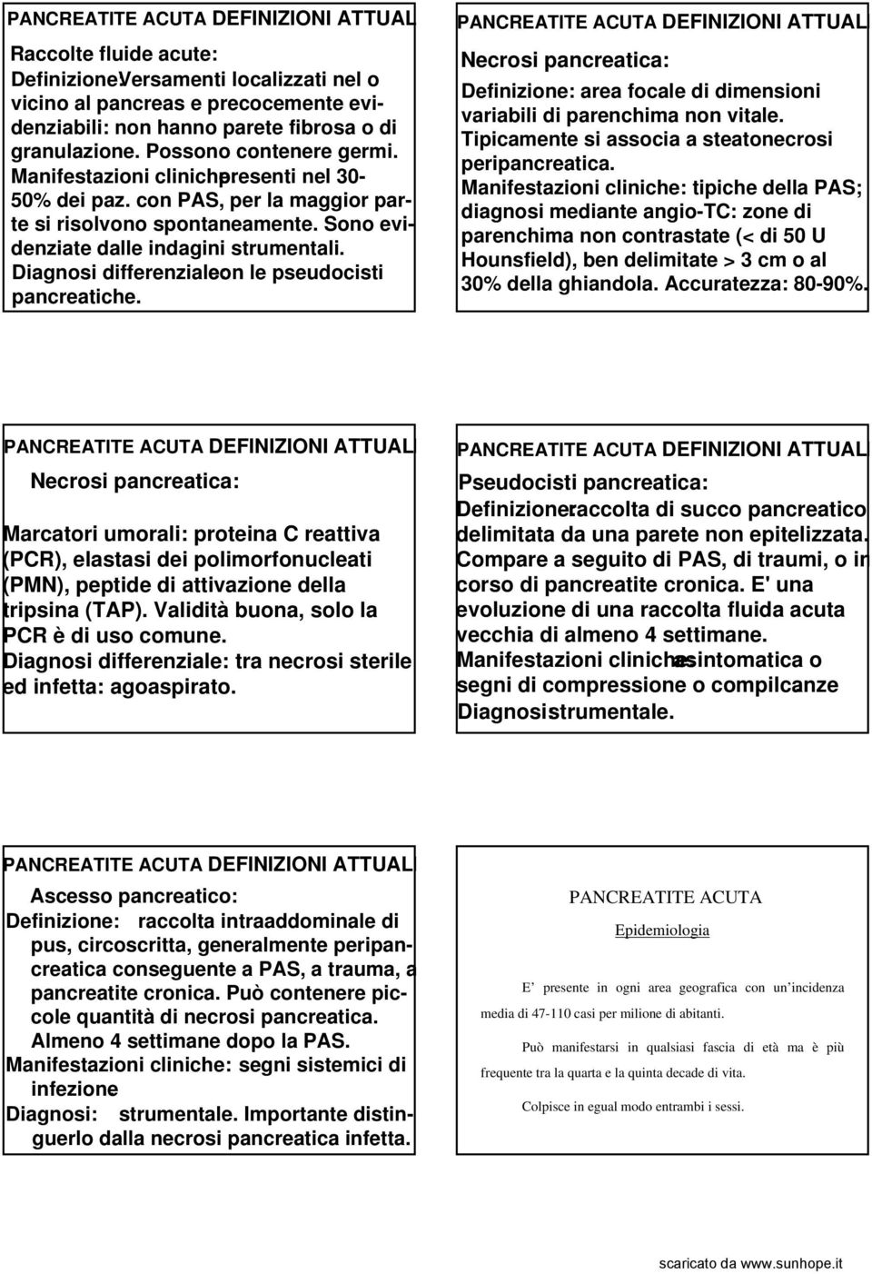 Diagnosi differenziale: con le pseudocisti pancreatiche. DEFINIZIONI ATTUALI Necrosi pancreatica: Definizione: area focale di dimensioni variabili di parenchima non vitale.