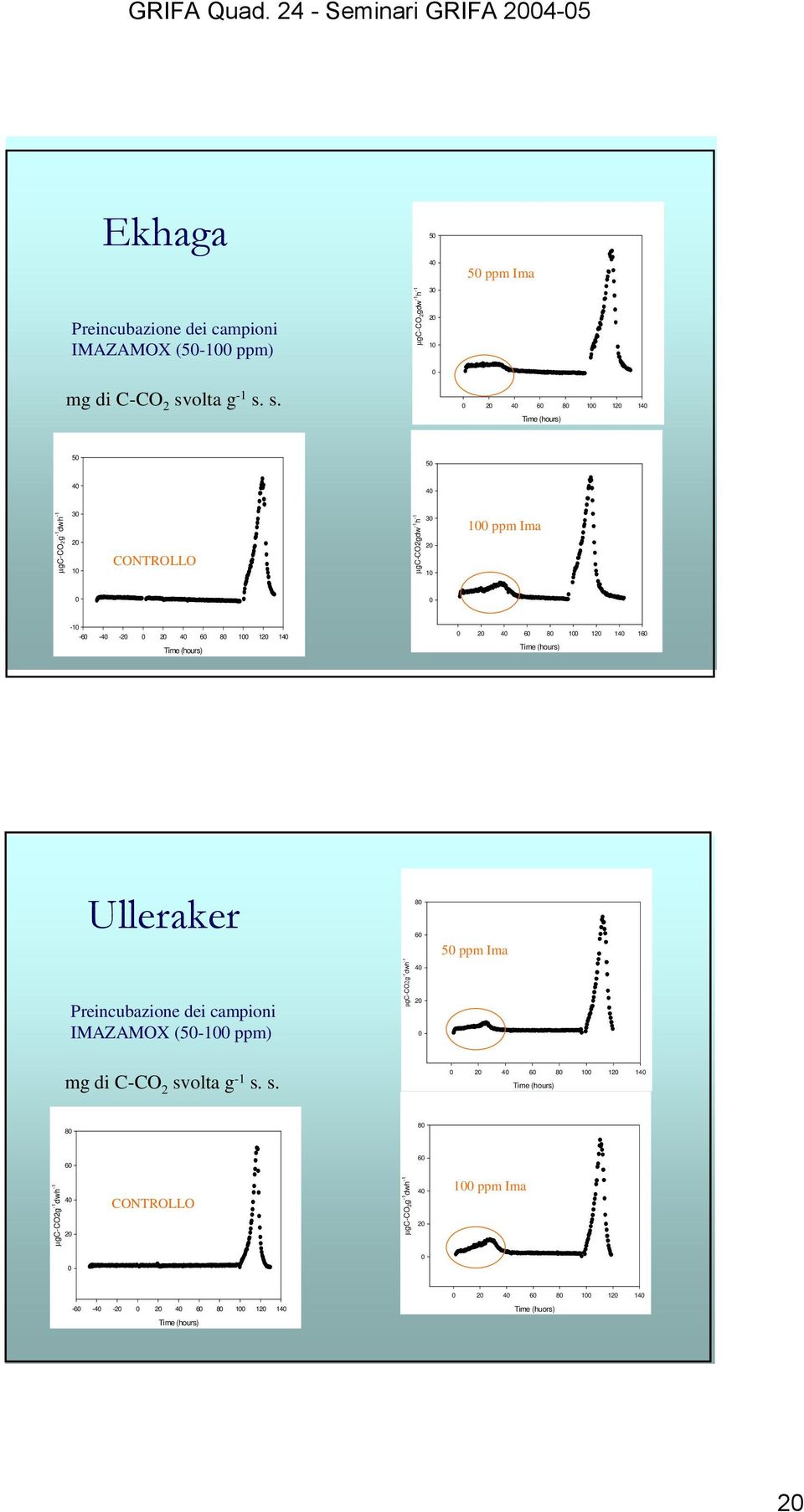 s. 2 4 6 8 1 12 14 Time (hours) 5 5 4 4 µgc-co 2g -1 dwh -1 3 2 1 COTROLLO µgc-co2gdw -1 h -1 3 2 1 1 ppm Ima -1-6 -4-2 2 4 6 8 1 12 14 Time (hours)