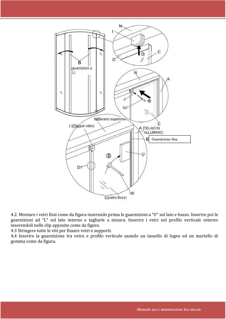 Inserire i vetri nel profilo verticale esterno inserendoli nelle clip apposite come da figura. 4.