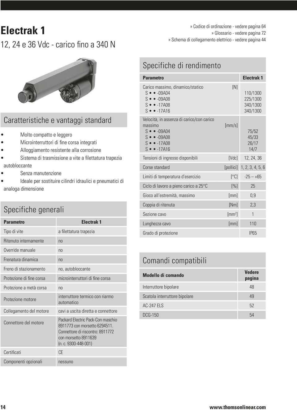 filettatura trapezia autobloccante Senza manutenzione Ideale per sostituire cilindri idraulici e pneumatici di analoga dimensione Specifiche generali Parametro Electrak 1 Tipo di vite Ritenuto