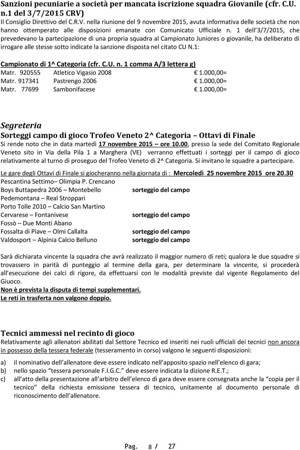 1 dell 3/7/2015, che prevedevano la partecipazione di una propria squadra al Campionato Juniores o giovanile, ha deliberato di irrogare alle stesse sotto indicate la sanzione disposta nel citato CU N.