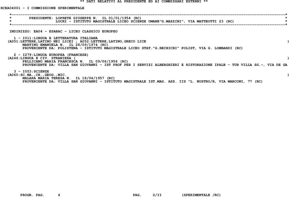 MAZZINI", VIA MATTEOTTI 23 (RC) * INDIRIZZO: EA04 - ESABAC - LICEO CLASSICO EUROPEO (A051:LETTERE,LATINO NEI LICEI ; A052:LETTERE,LATINO,GRECO LICE ) MARTINO EMANUELA N.