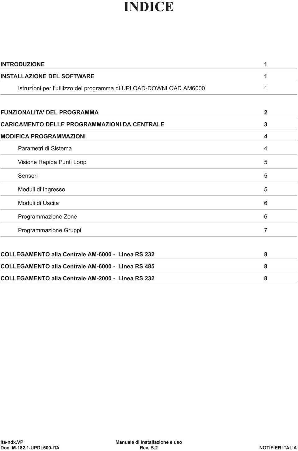 5 Moduli di Uscita 6 Programmazione Zone 6 Programmazione Gruppi 7 COLLEGAMENTO alla Centrale AM-6000 - Linea RS 232 8 COLLEGAMENTO alla Centrale AM-6000