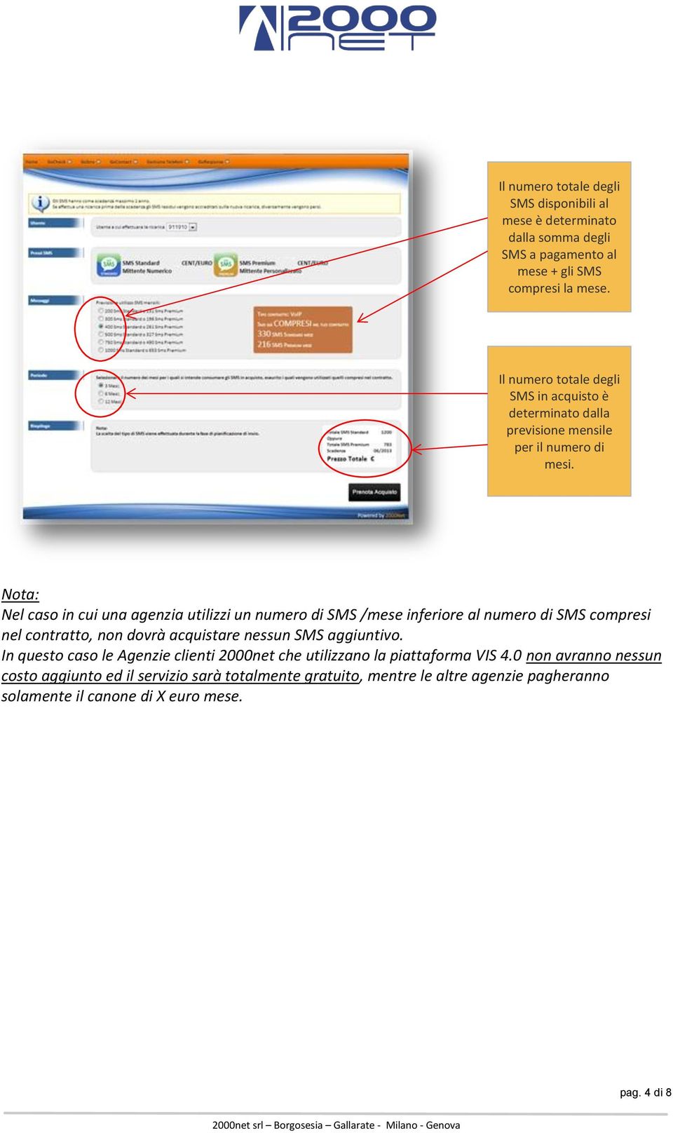 Nota: Nel caso in cui una agenzia utilizzi un numero di SMS /mese inferiore al numero di SMS compresi nel contratto, non dovrà acquistare nessun SMS