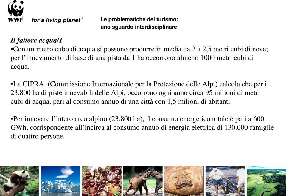 800 ha di piste innevabili delle Alpi, occorrono ogni anno circa 95 milioni di metri cubi di acqua, pari al consumo annuo di una città con 1,5 milioni di