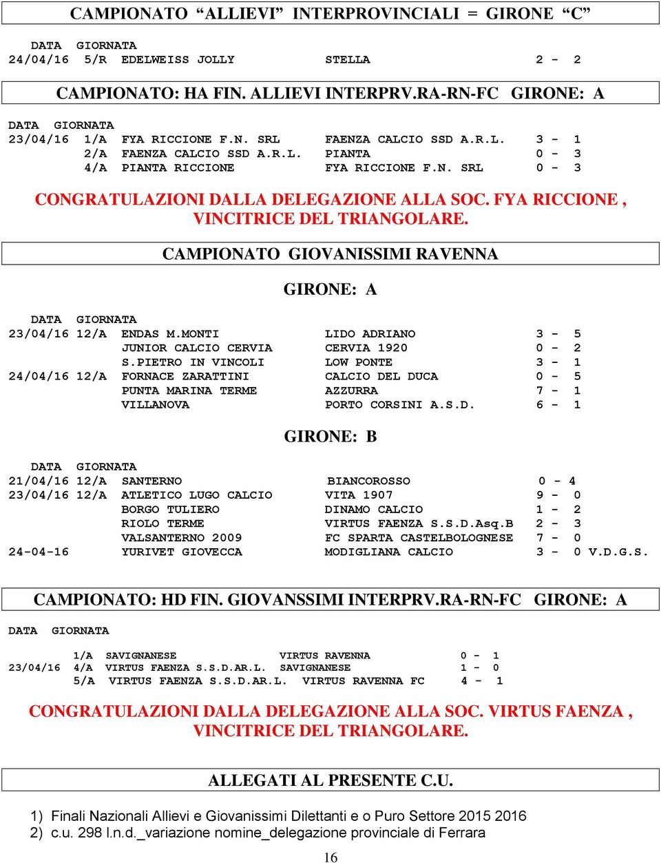 FYA RICCIONE, VINCITRICE DEL TRIANGOLARE. CAMPIONATO GIOVANISSIMI RAVENNA GIRONE: A DATA GIORNATA 23/04/16 12/A ENDAS M.MONTI LIDO ADRIANO 3-5 JUNIOR CALCIO CERVIA CERVIA 1920 0-2 S.