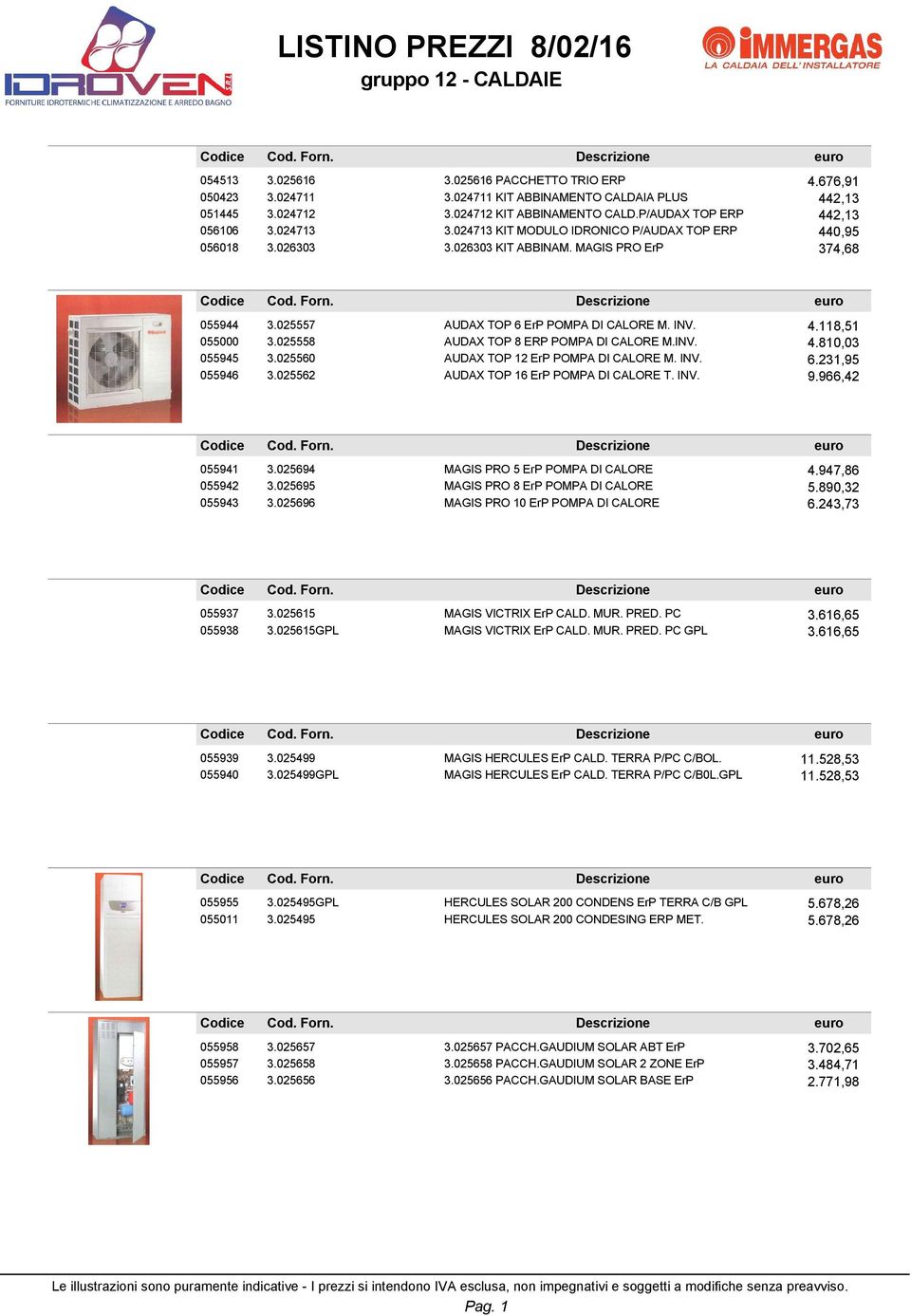 025558 AUDAX TOP 8 ERP POMPA DI CALORE M.INV. 4.810,03 055945 3.025560 AUDAX TOP 12 ErP POMPA DI CALORE M. INV. 6.231,95 055946 3.025562 AUDAX TOP 16 ErP POMPA DI CALORE T. INV. 9.966,42 055941 3.