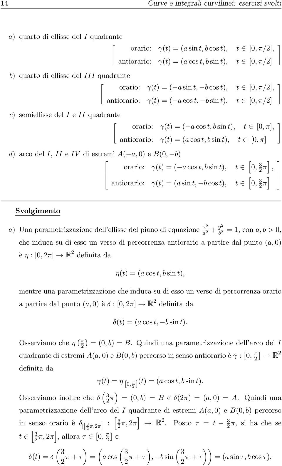 IV di estremi A a, e B, b orario: t a cos t, b sin t, t antiorario: t a sin t, b cos t, t, 3 π,, 3 π a Una parametrizzazione dell ellisse del piano di equazione x a + y b 1, con a, b >, che induca su