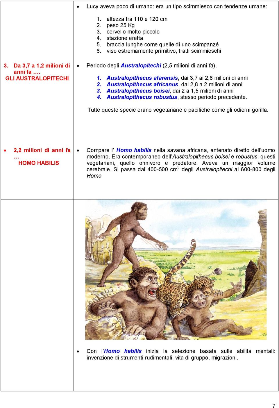 Australopithecus afarensis, dai 3,7 ai 2,8 milioni di anni 2. Australopithecus africanus, dai 2,8 a 2 milioni di anni 3. Australopithecus boisei, dai 2 a 1,5 milioni di anni 4.