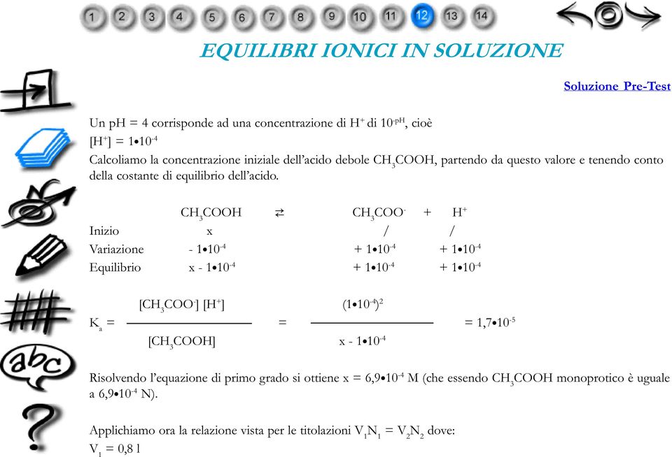 CH 3 COOH è CH 3 COO - H Inizio x / / Variazione - 1 10-4 1 10-4 1 10-4 Equilibrio x - 1 10-4 1 10-4 1 10-4 [CH 3 COO - ] [H ] (1 10-4 ) 2 K a = = = 1,7 10-5