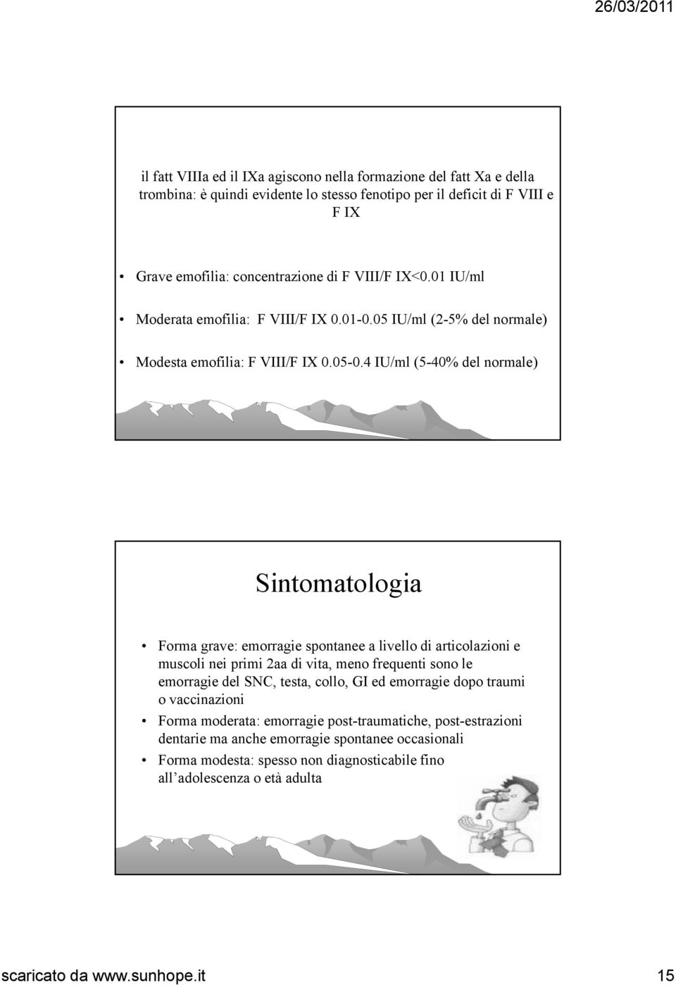 4 IU/ml (5-40% del normale) Sintomatologia Forma grave: emorragie spontanee a livello di articolazioni e muscoli nei primi 2aa di vita, meno frequenti sono le emorragie del SNC, testa,