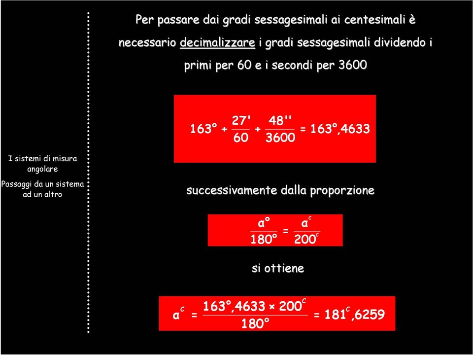 48'' 3600 163,4633 I sistemi di misura angolare Passaggi da un sistema ad un