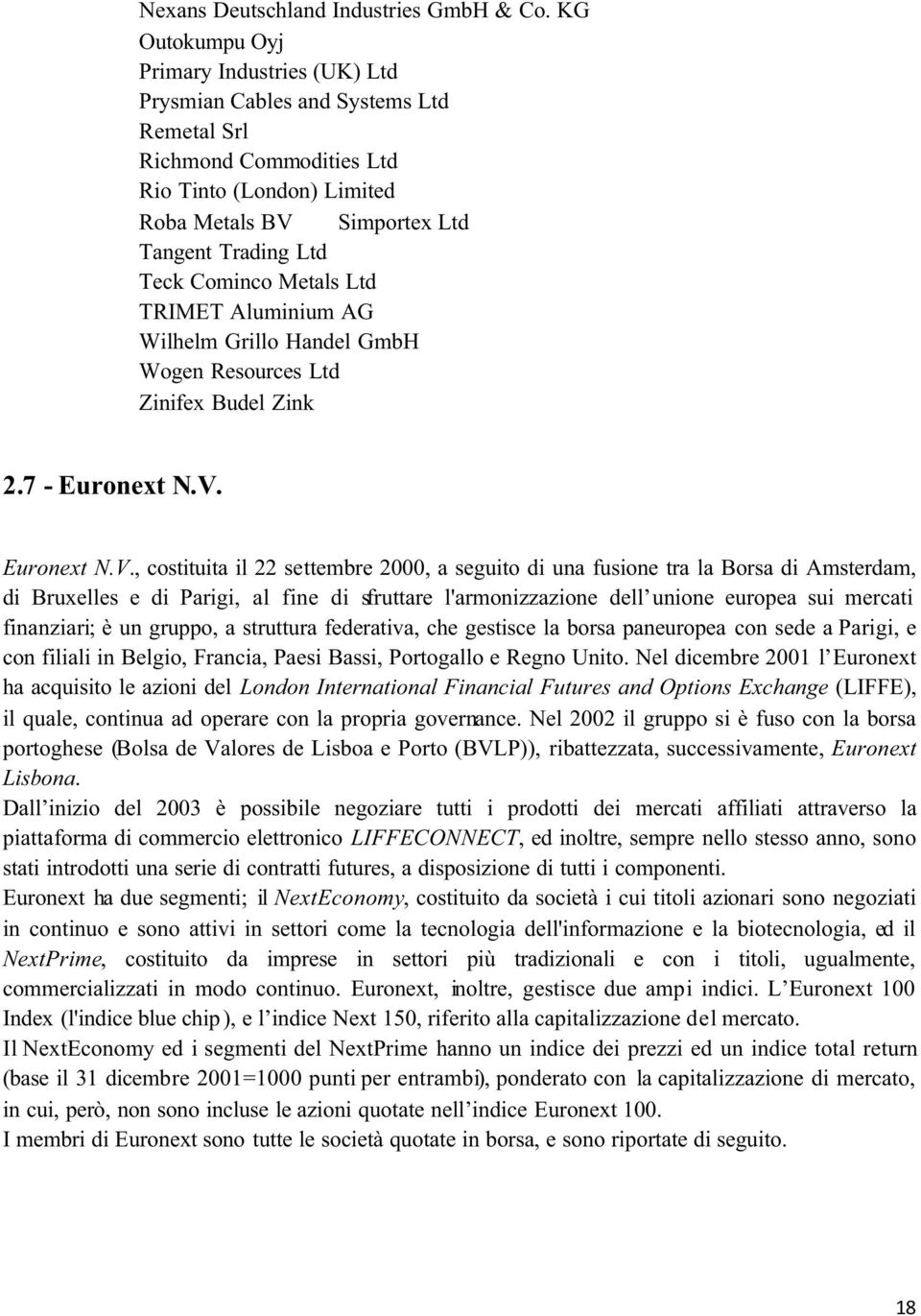 Cominco Metals Ltd TRIMET Aluminium AG Wilhelm Grillo Handel GmbH Wogen Resources Ltd Zinifex Budel Zink 2.7 - Euronext N.V.