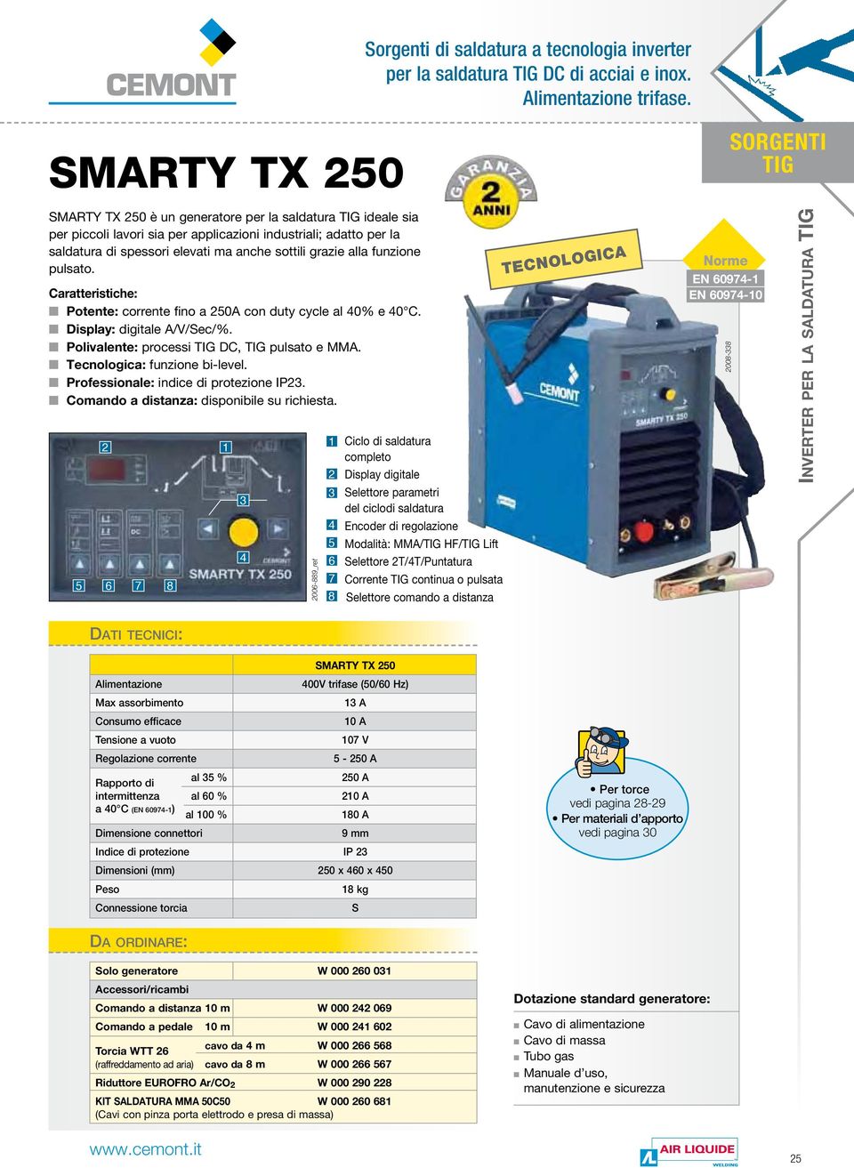 funzione pulsato. Caratteristiche: Potente: corrente fino a 50A con duty cycle al 0% e 0 C. Display: digitale A/V/Sec/%. Polivalente: processi DC, pulsato e MMA. Tecnologica: funzione bi-level.