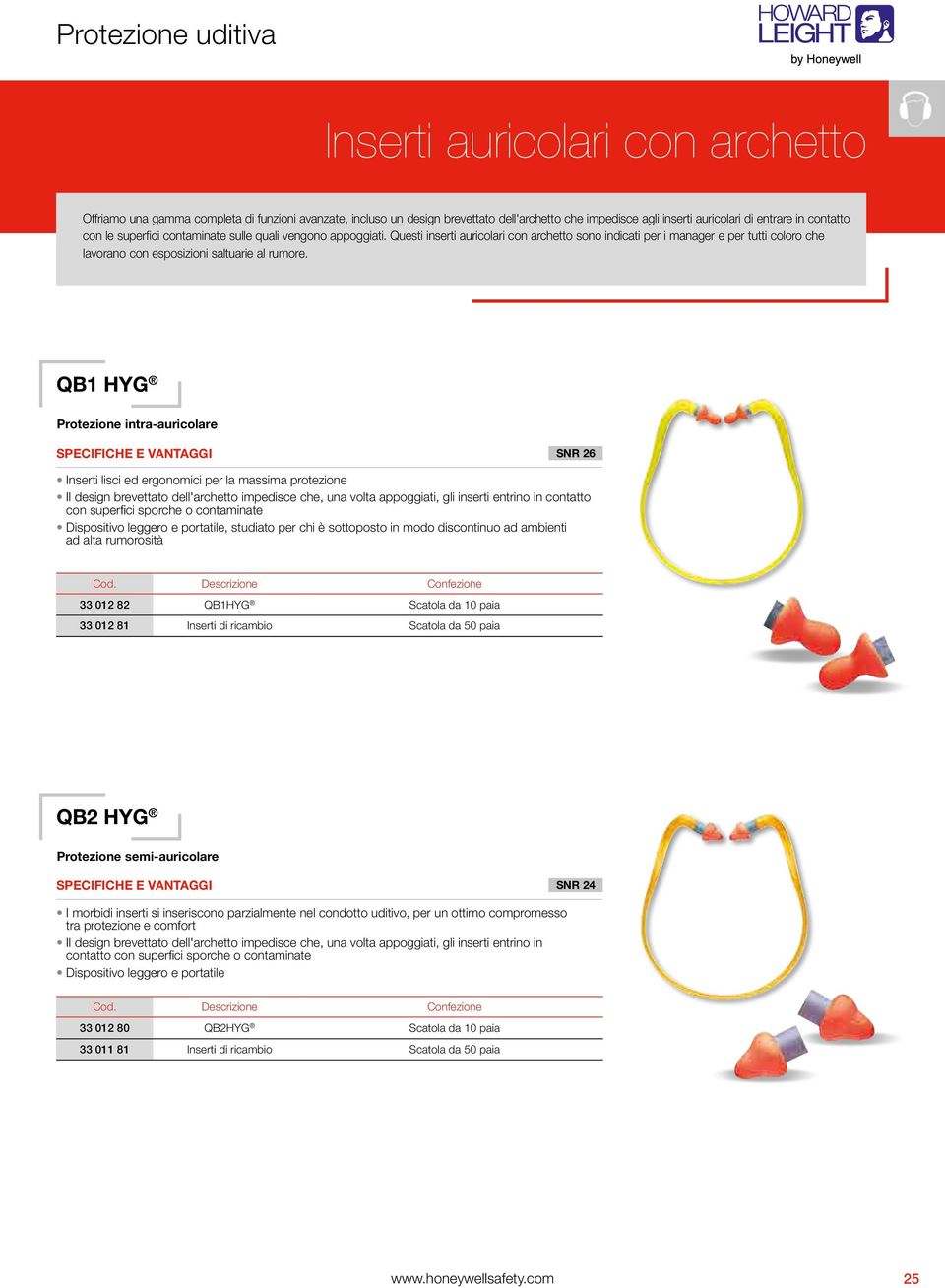 QB1 HYG Protezione intraauricolare SNR 26 Inserti lisci ed ergonomici per la massima protezione Il design brevettato dell'archetto impedisce che, una volta appoggiati, gli inserti entrino in contatto