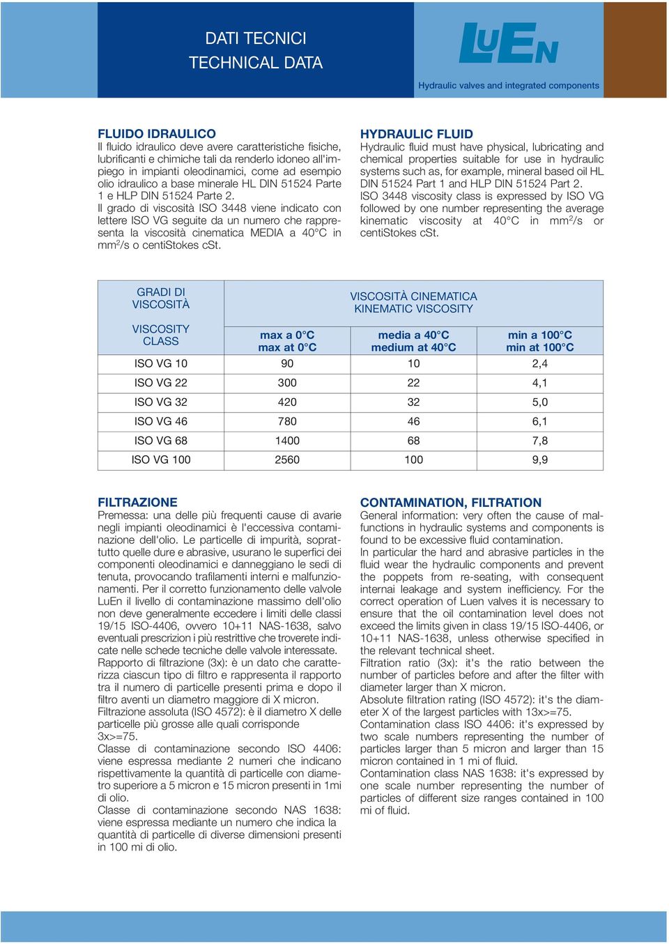 Il grado di viscosità ISO 3448 viene indicato con lettere ISO VG seguite da un numero che rappresenta la viscosità cinematica MEDIA a 40 C in mm 2 /s o centistokes cst.