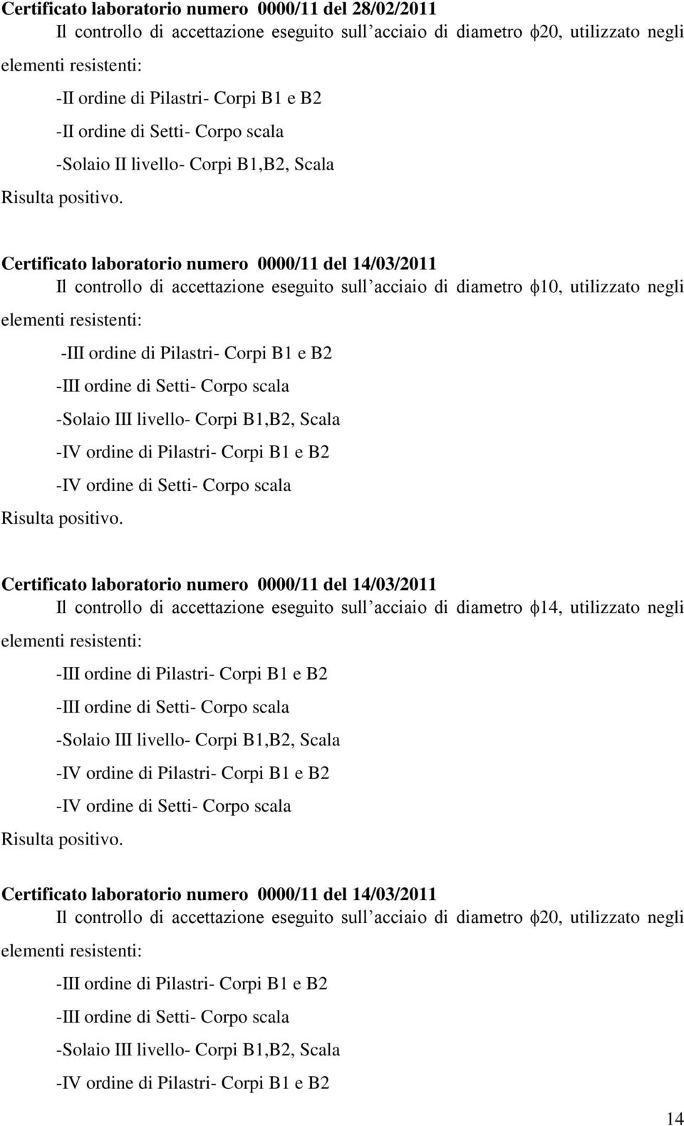 ordine di Pilastri- Corpi B1 e B2 -III ordine di Setti- Corpo scala -Solaio III livello- Corpi B1,B2, Scala -IV ordine di Pilastri- Corpi B1 e B2 -IV ordine di Setti- Corpo scala Certificato