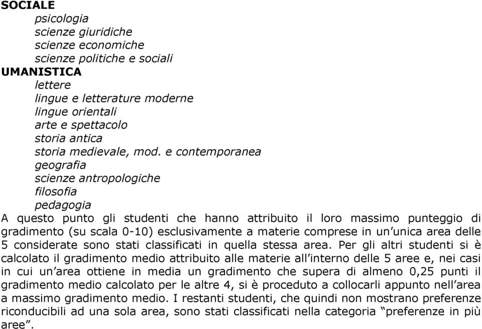 materie comprese in un unica area delle 5 considerate sono stati classificati in quella stessa area.