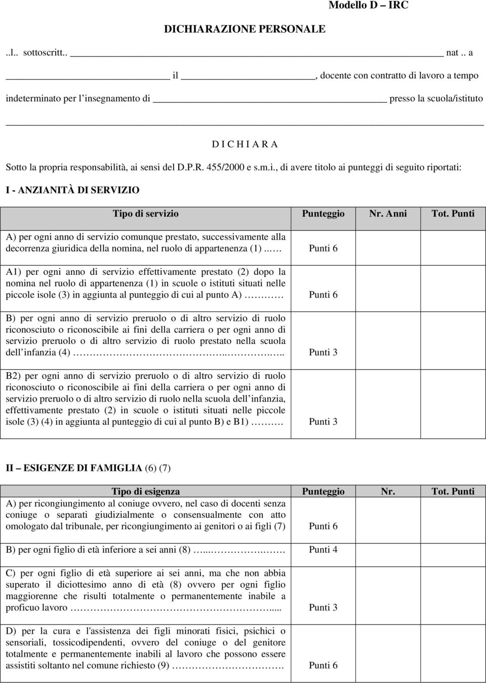 Anni Tot. Punti A) per ogni anno di servizio comunque prestato, successivamente alla decorrenza giuridica della nomina, nel ruolo di appartenenza (1).