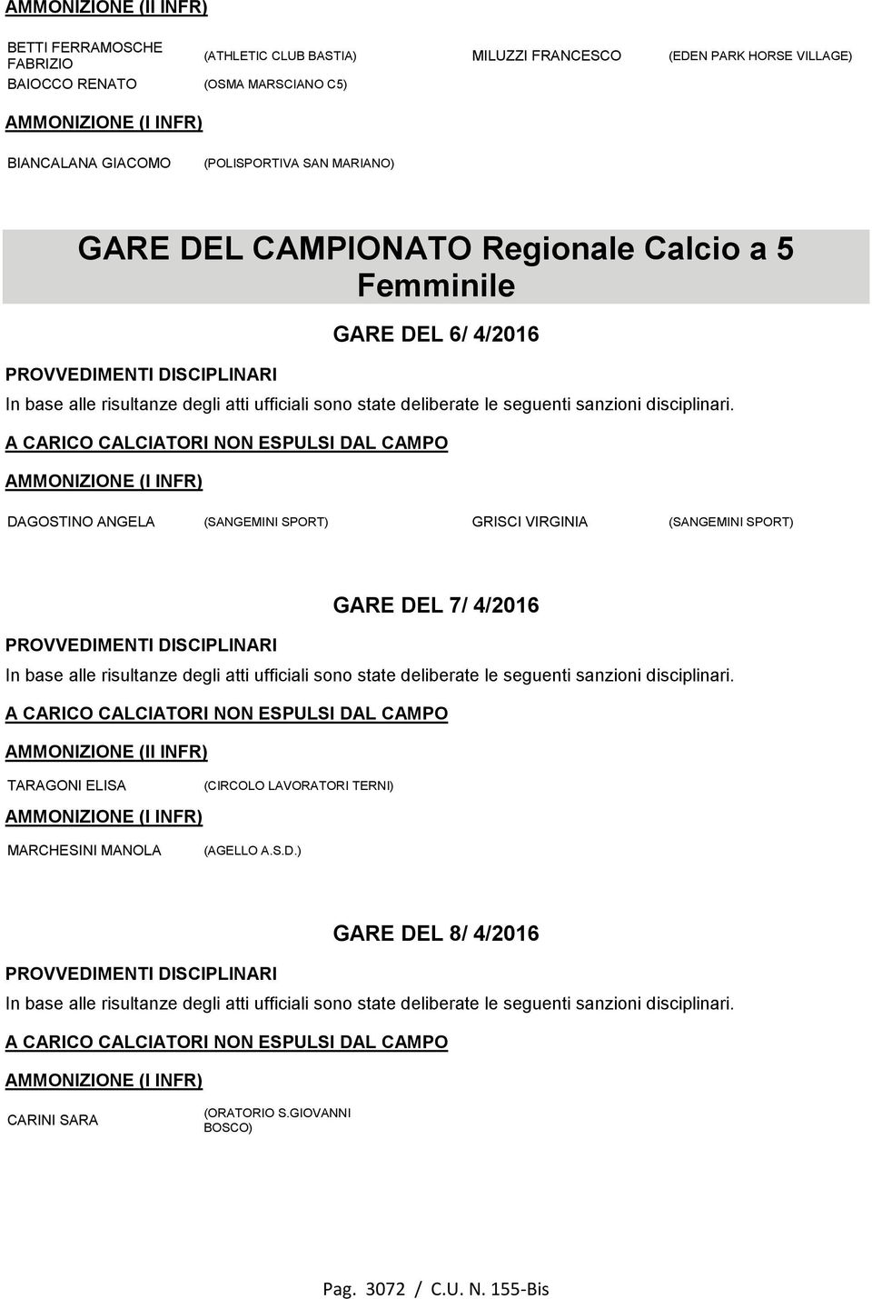 INFR) DAGOSTINO ANGELA (SANGEMINI SPORT) GRISCI VIRGINIA (SANGEMINI SPORT) GARE DEL 7/ 4/2016 AMMONIZIONE (II INFR) TARAGONI ELISA (CIRCOLO LAVORATORI