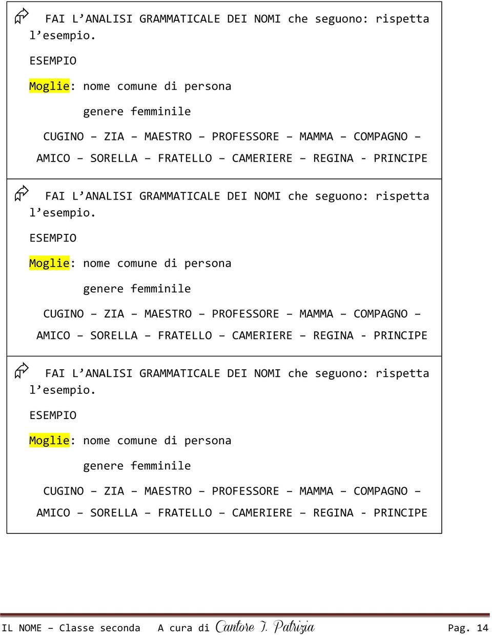 di persona genere femminile CUGINO ZIA MAESTRO PROFESSORE MAMMA COMPAGNO AMICO SORELLA FRATELLO CAMERIERE REGINA - PRINCIPE  ESEMPIO Moglie: nome comune di persona genere femminile