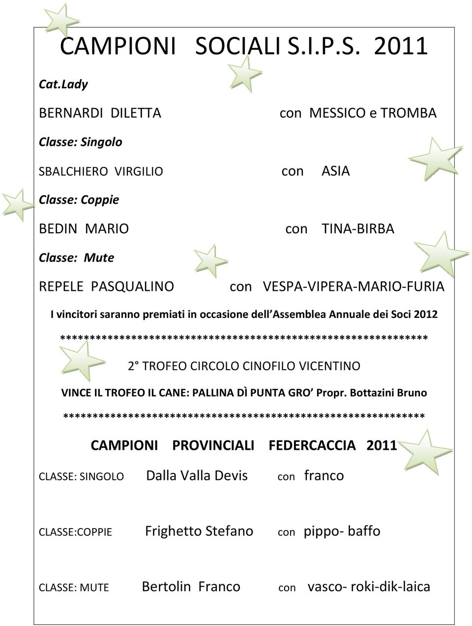 VESPA-VIPERA-MARIO-FURIA I vincitori saranno premiati in occasione dell Assemblea Annuale dei Soci 2012 ************************************************************** 2 TROFEO