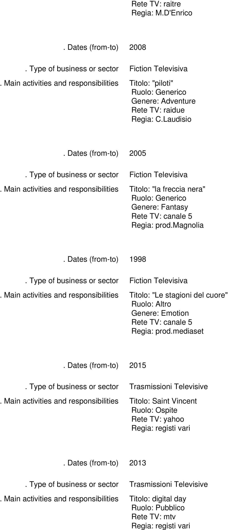 magnolia 1998 Titolo: "Le stagioni del cuore" Ruolo: Genere: Emotion Rete TV: canale 5 Regia: prod.