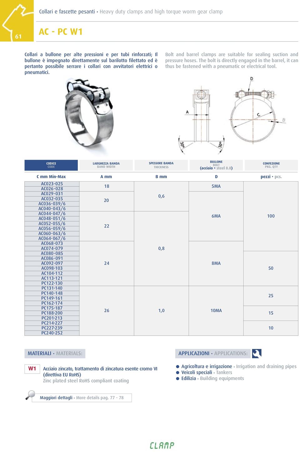 The bolt is directly engaged in the barrel, it can thus be fastened with a pneumatic or electrical tool. LARGHEZZA BANDA BAND WIDTH SPESSORE BANDA THICKNESS BULLONE BOLT (acciaio steel 8.