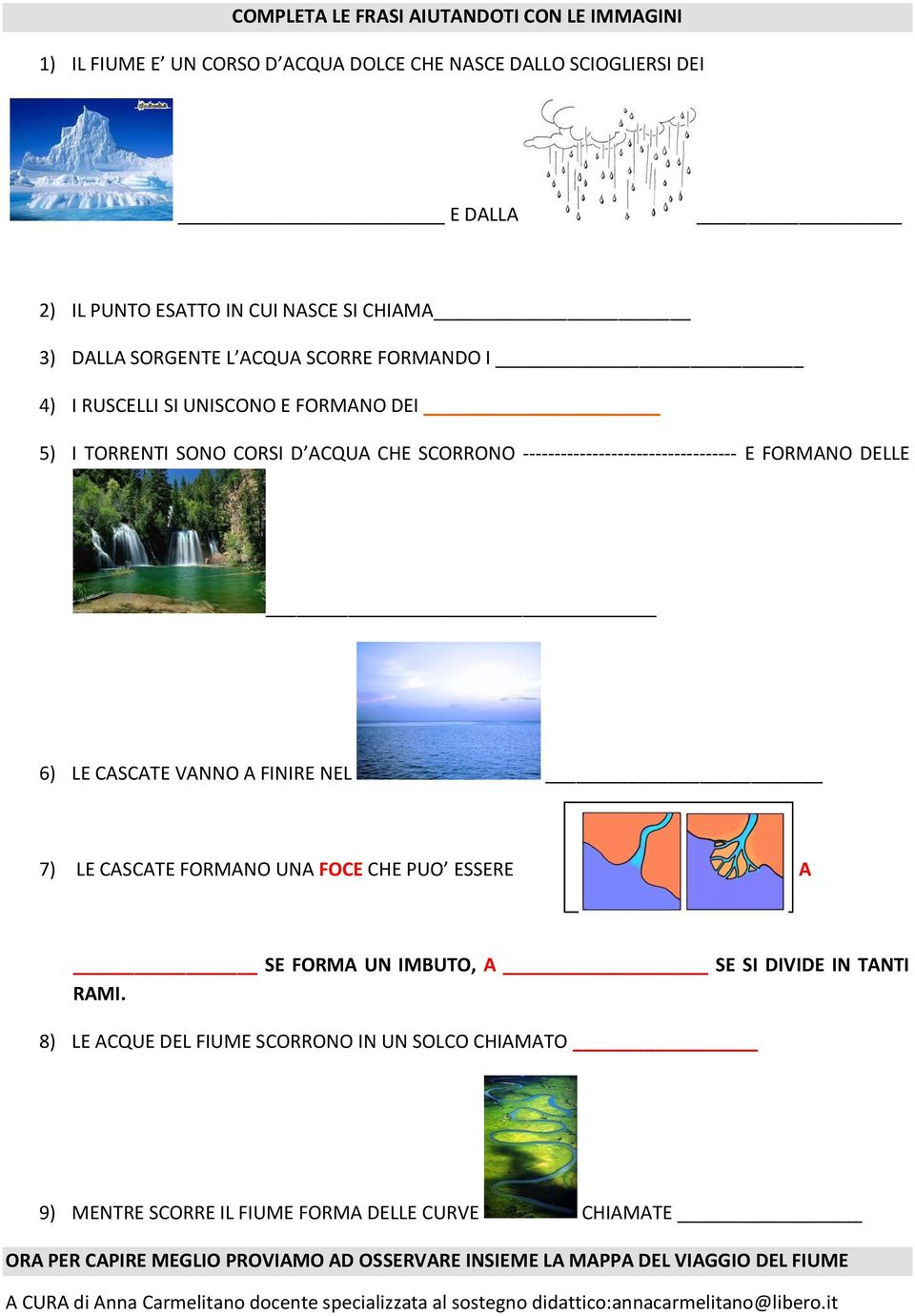 E FORMANO DELLE 6) LE CASCATE VANNO A FINIRE NEL 7) LE CASCATE FORMANO UNA FOCE CHE PUO ESSERE A SE FORMA UN IMBUTO, A SE SI DIVIDE IN TANTI RAMI.