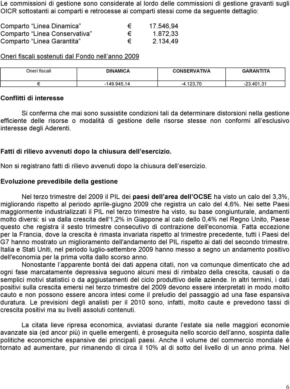 134,49 Oneri fiscali sostenuti dal Fondo nell anno 2009 Oneri fiscali DINAMICA CONSERVATIVA GARANTITA Conflitti di interesse -149.945,14-4.123,70-23.