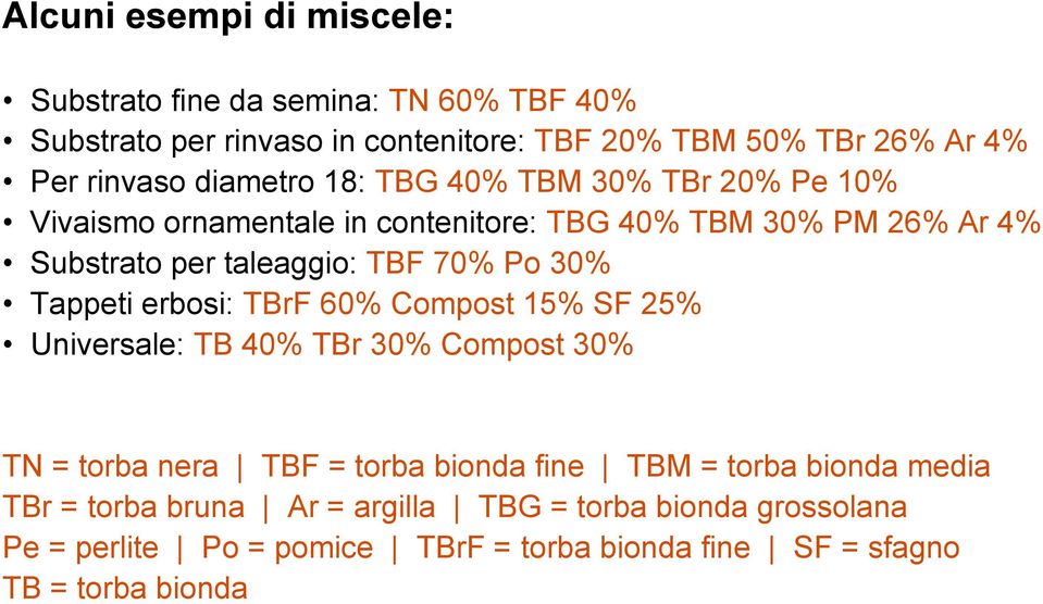 30% Tappeti erbosi: TBrF 60% Compost 15% SF 25% Universale: TB 40% TBr 30% Compost 30% TN = torba nera TBF = torba bionda fine TBM = torba bionda