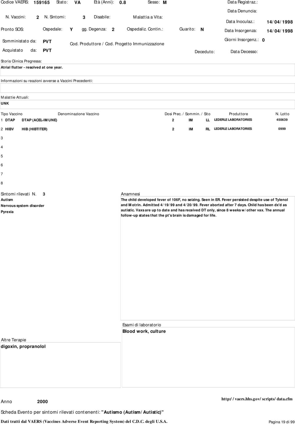: 0 UNK 1 DTAP DTAP (ACEL-IMUNE) 2 HIBV HIB (HIBTITER) 2 IM LL LEDERLE LABORATORIES 09 2 IM RL LEDERLE LABORATORIES 0999 Sintomi rilevati N.