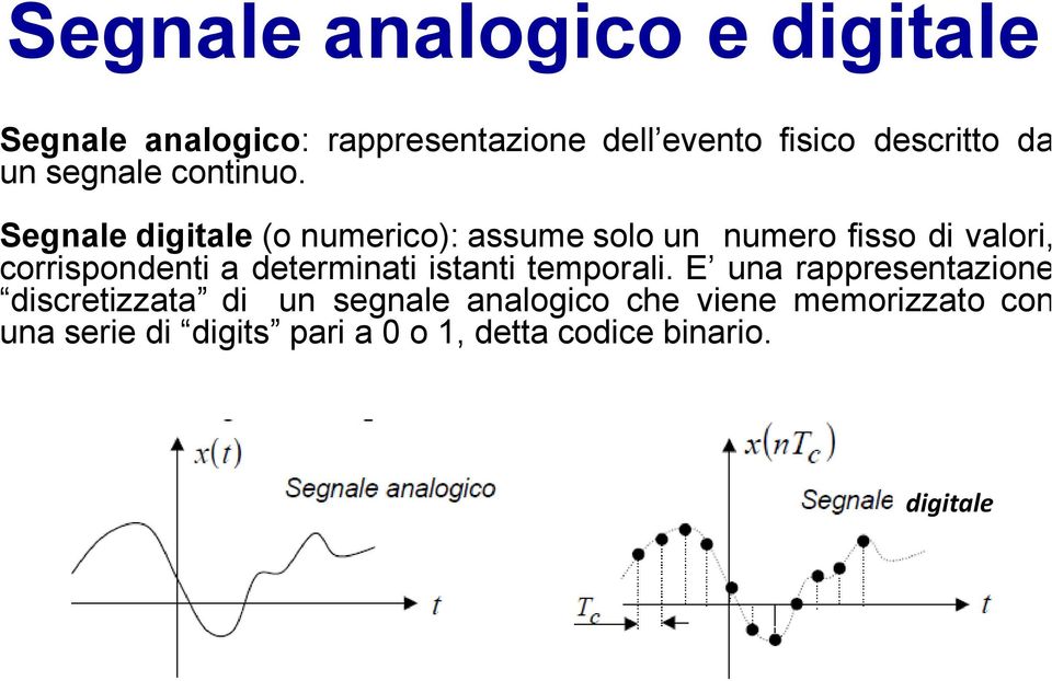 Segnale digitale (o numerico): assume solo un numero fisso di valori, corrispondenti a