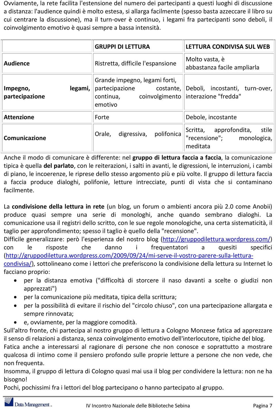 Audience Impegno, partecipazione legami, GRUPPI DI LETTURA Ristretta, difficile l'espansione Grande impegno, legami forti, partecipazione costante, continua, coinvolgimento emotivo LETTURA CONDIVISA