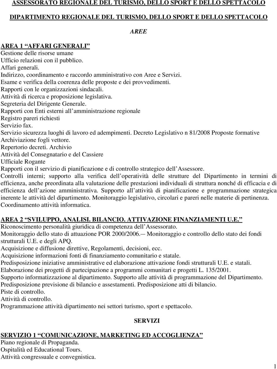 Rapporti con le organizzazioni sindacali. Attività di ricerca e proposizione legislativa. Segreteria del Dirigente Generale.