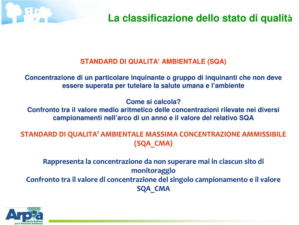 Confronto tra il valore medio aritmetico delle concentrazioni rilevate nei diversi campionamenti nell arco di un anno e il valore del relativo