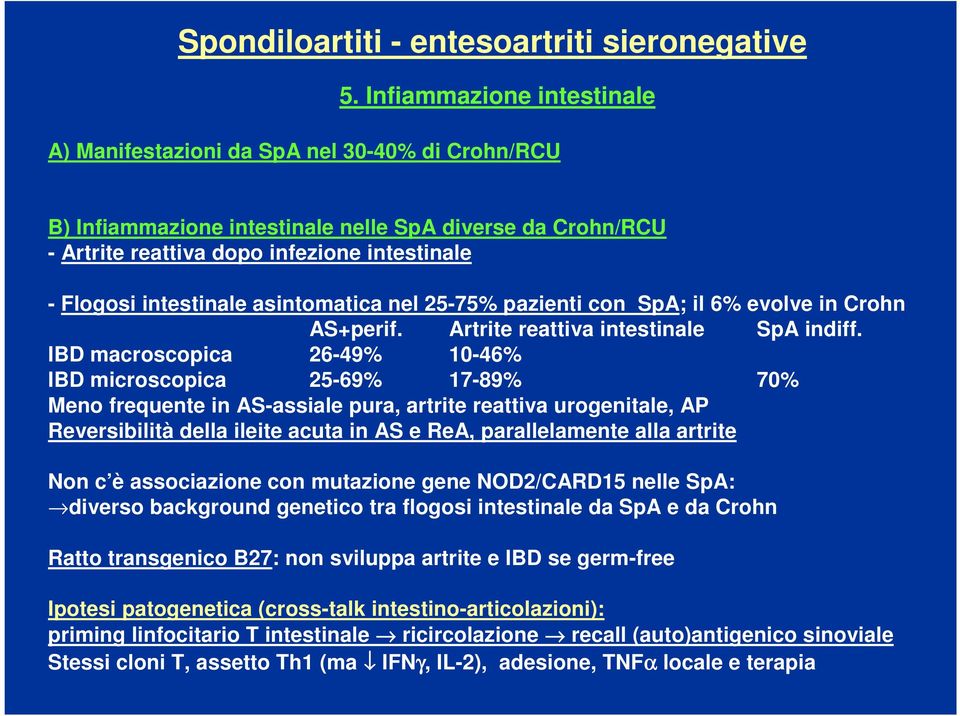 intestinale asintomatica nel 25-75% pazienti con SpA; il 6% evolve in Crohn AS+perif. Artrite reattiva intestinale SpA indiff.