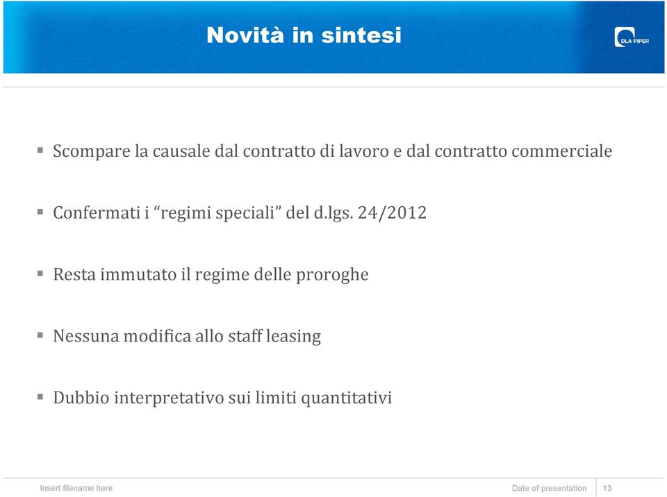 24/2012 Resta immutato il regime delle proroghe Nessuna modifica allo staff