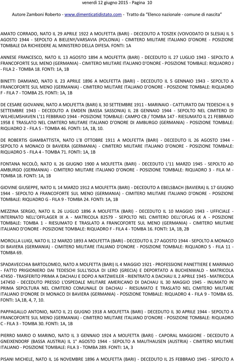 FONTI: 1A ANNESE FRANCESCO, NATO IL 13 AGOSTO 1894 A MOLFETTA (BARI) - DECEDUTO IL 27 LUGLIO 1943 - SEPOLTO A J - FILA 2 - TOMBA 18.