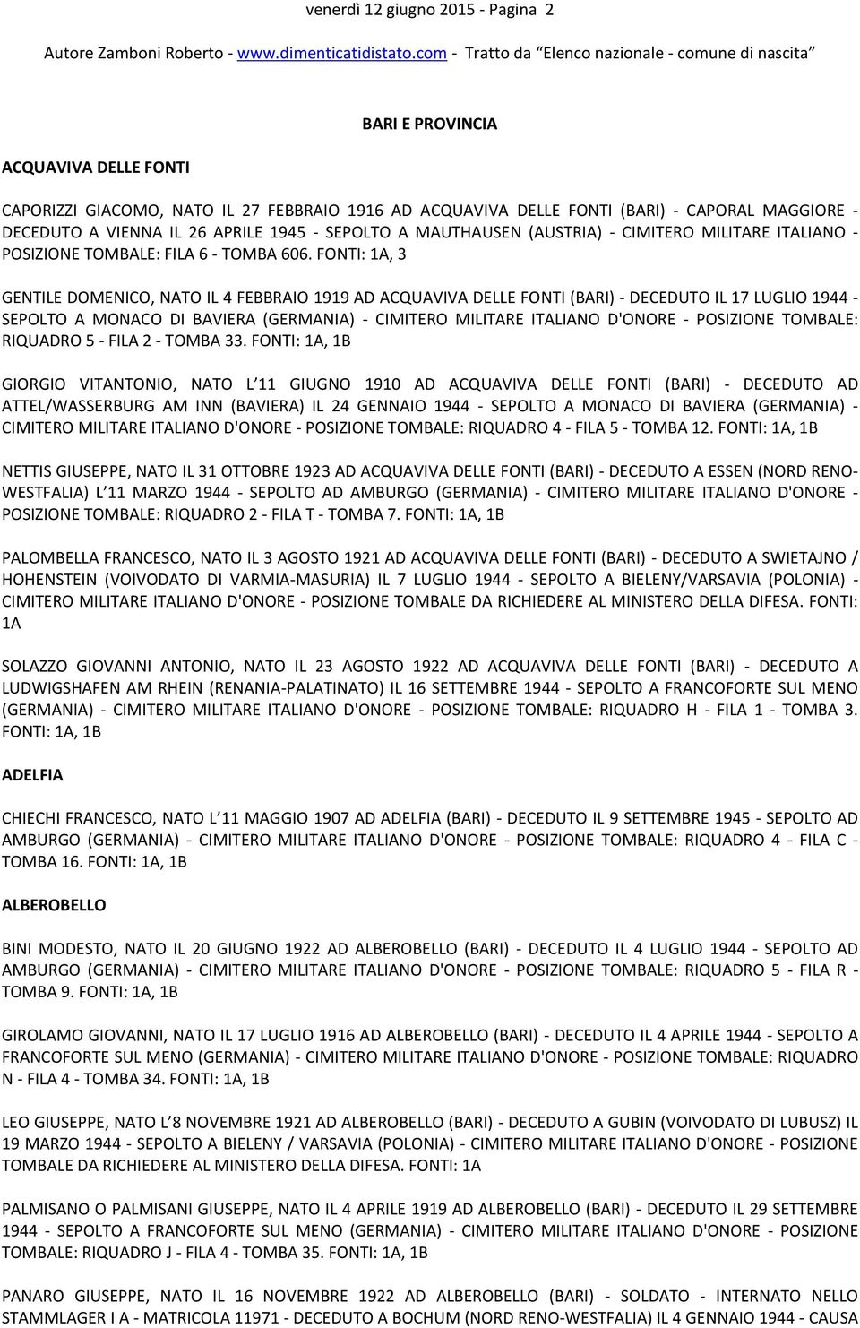 FONTI: 1A, 3 GENTILE DOMENICO, NATO IL 4 FEBBRAIO 1919 AD ACQUAVIVA DELLE FONTI (BARI) - DECEDUTO IL 17 LUGLIO 1944 - SEPOLTO A MONACO DI BAVIERA (GERMANIA) - CIMITERO MILITARE ITALIANO D'ONORE -