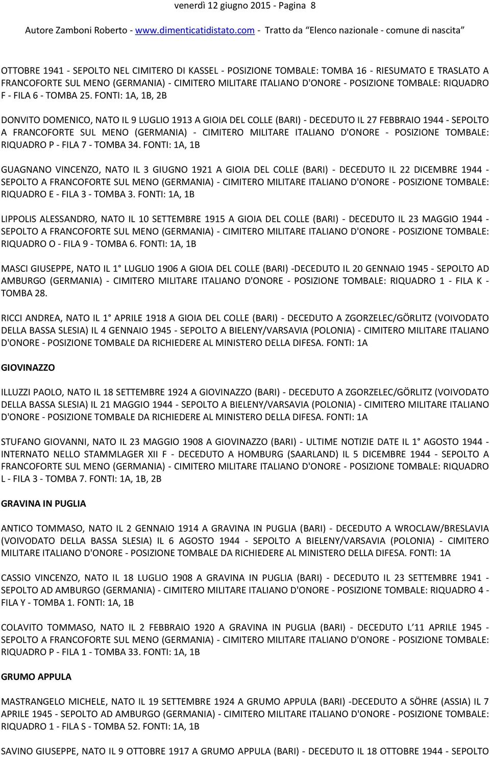 POSIZIONE TOMBALE: RIQUADRO P - FILA 7 - TOMBA 34. FONTI: 1A, 1B GUAGNANO VINCENZO, NATO IL 3 GIUGNO 1921 A GIOIA DEL COLLE (BARI) - DECEDUTO IL 22 DICEMBRE 1944 - RIQUADRO E - FILA 3 - TOMBA 3.