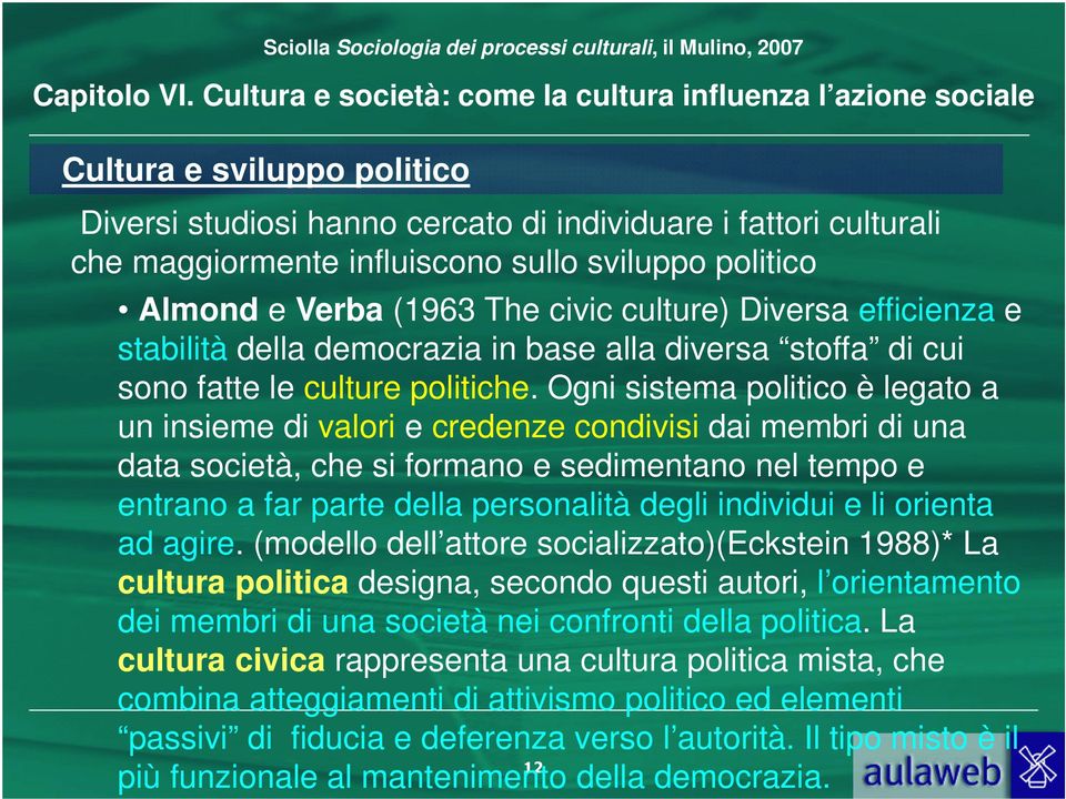 Ogni sistema politico è legato a un insieme di valori e credenze condivisi dai membri di una data società, che si formano e sedimentano nel tempo e entrano a far parte della personalità degli