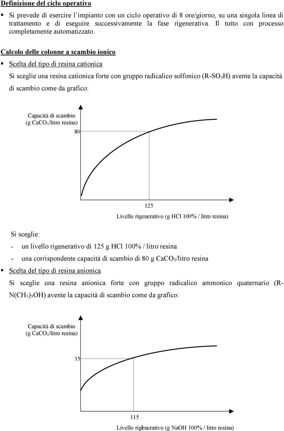 Calcolo delle colonne a scambio ionico Scelta del tipo di resina cationica Si sceglie una resina cationica forte con gruppo radicalico solfonico (R-SO 3 H) avente la capacità di scambio come da