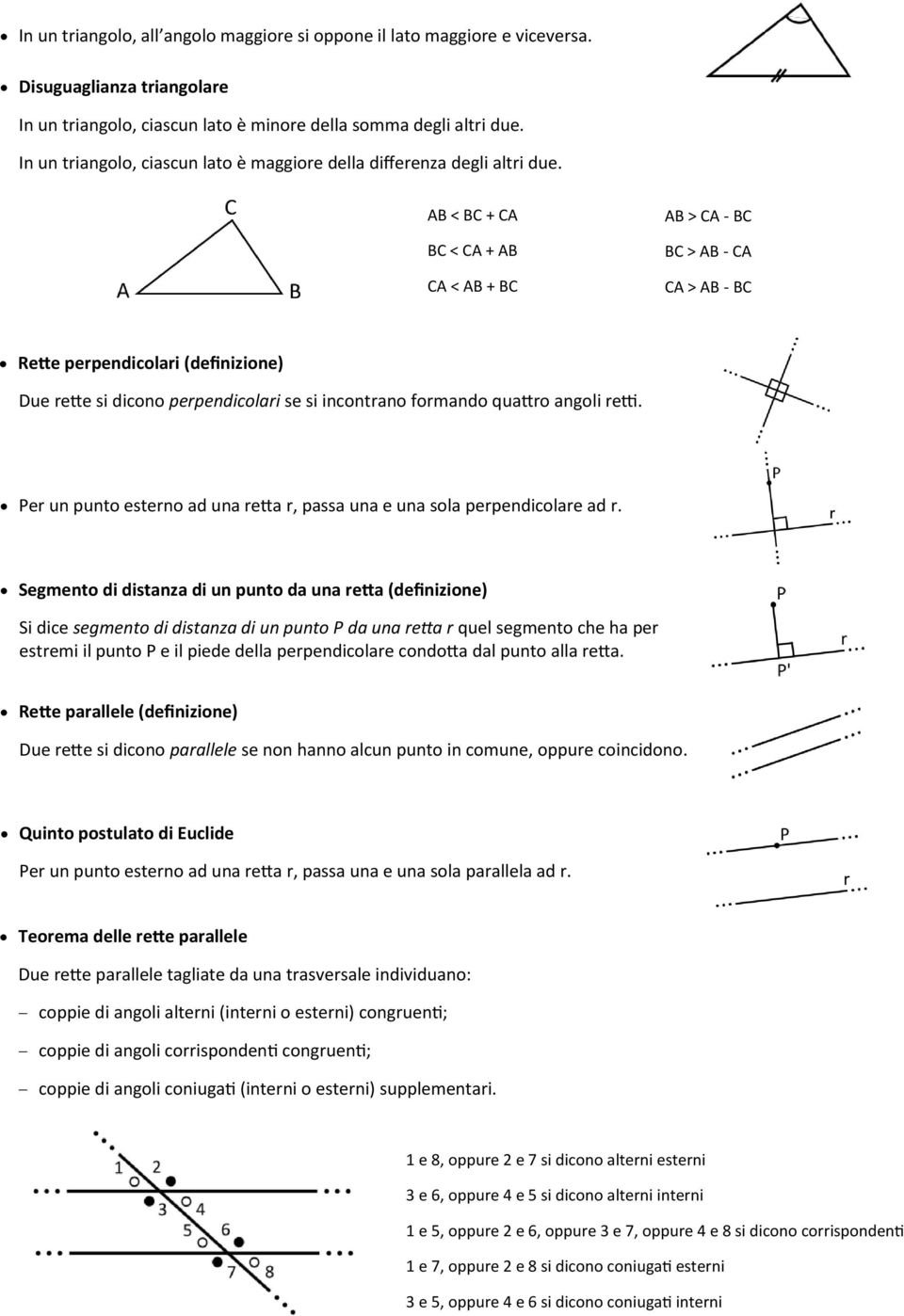 AB < BC + CA BC < CA + AB CA < AB + BC AB > CA - BC BC > AB - CA CA > AB - BC Rette perpendicolari (definizione) Due rette si dicono perpendicolari se si incontrano formando quattro angoli retti.