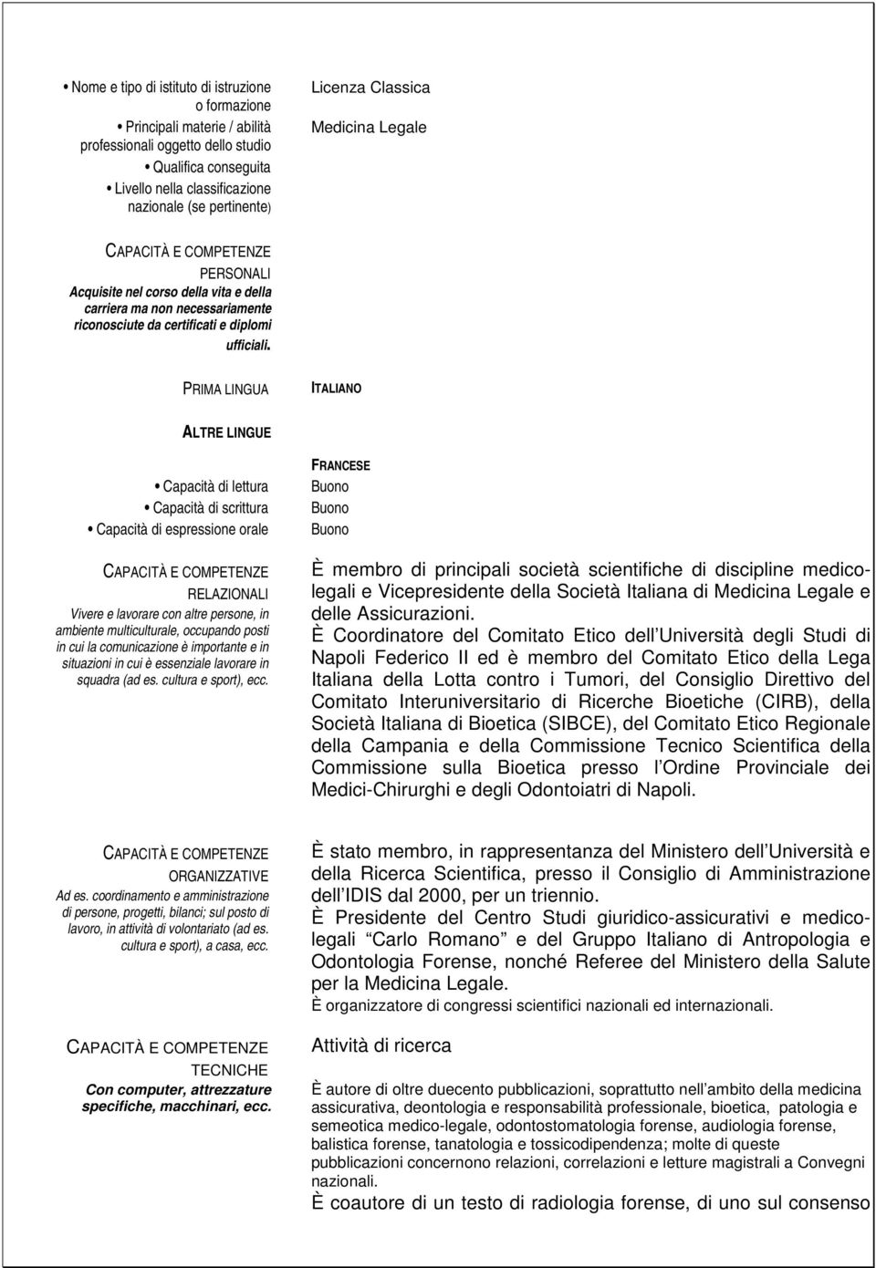 PRIMA LINGUA ITALIANO ALTRE LINGUE Capacità di lettura Capacità di scrittura Capacità di espressione orale CAPACITÀ E COMPETENZE RELAZIONALI Vivere e lavorare con altre persone, in ambiente