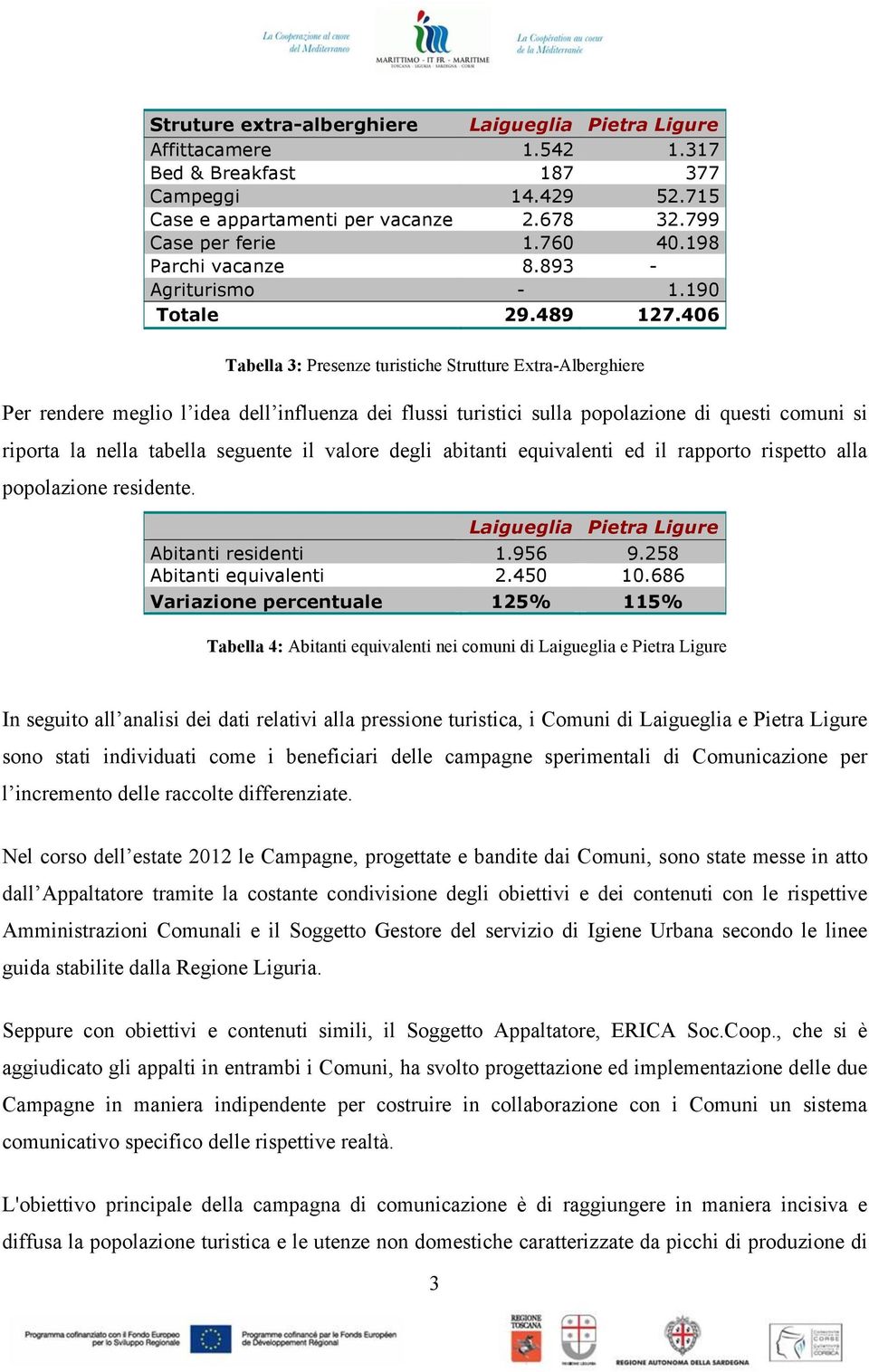 406 Tabella 3: Presenze turistiche Strutture Extra-Alberghiere Per rendere meglio l idea dell influenza dei flussi turistici sulla popolazione di questi comuni si riporta la nella tabella seguente il