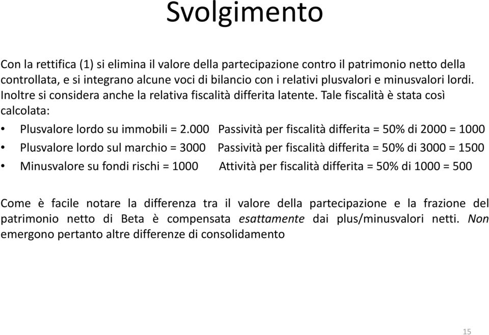 000 Passività per fiscalità differita = 50% di 2000 = 1000 Plusvalore lordo sul marchio = 3000 Passività per fiscalità differita = 50% di 3000 = 1500 Minusvalore su fondi rischi = 1000 Attività per